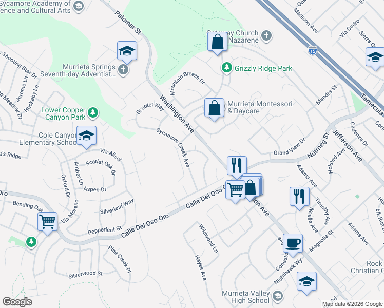 map of restaurants, bars, coffee shops, grocery stores, and more near 23563 Kathryn Street in Murrieta