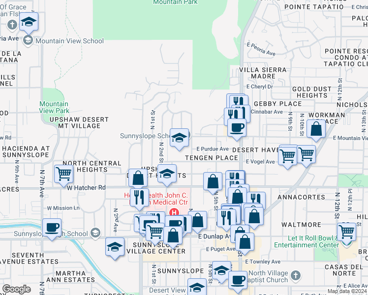 map of restaurants, bars, coffee shops, grocery stores, and more near 245 East Mountain View Road in Phoenix