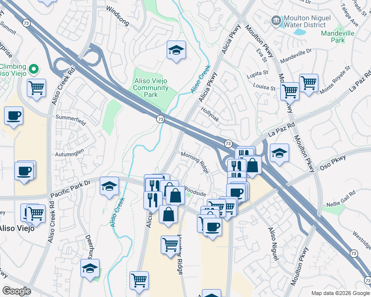 map of restaurants, bars, coffee shops, grocery stores, and more near 67 Abbeywood Lane in Laguna Hills