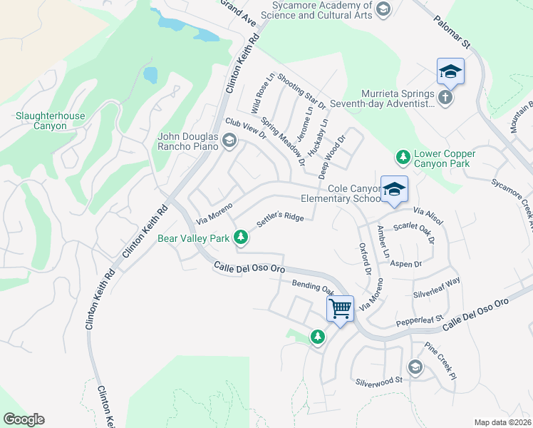 map of restaurants, bars, coffee shops, grocery stores, and more near 42749 Settler's Ridge in Murrieta
