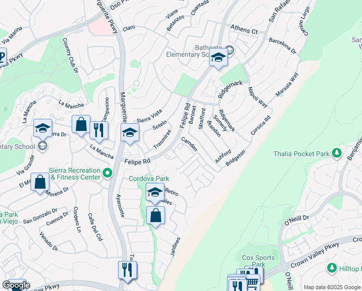 map of restaurants, bars, coffee shops, grocery stores, and more near 27444 Camden in Mission Viejo