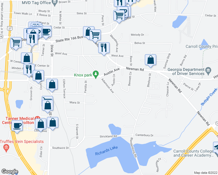 map of restaurants, bars, coffee shops, grocery stores, and more near 402 Adamson Avenue in Carrollton