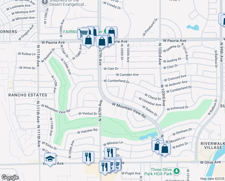 map of restaurants, bars, coffee shops, grocery stores, and more near 10601 West Cheryl Drive in Sun City
