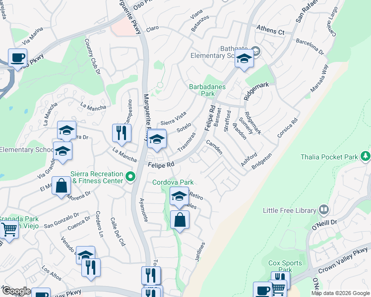 map of restaurants, bars, coffee shops, grocery stores, and more near 26742 Trasmiras in Mission Viejo