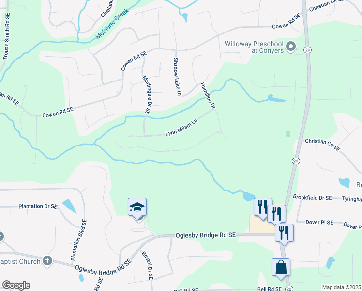 map of restaurants, bars, coffee shops, grocery stores, and more near 830 Treeline Drive in Conyers