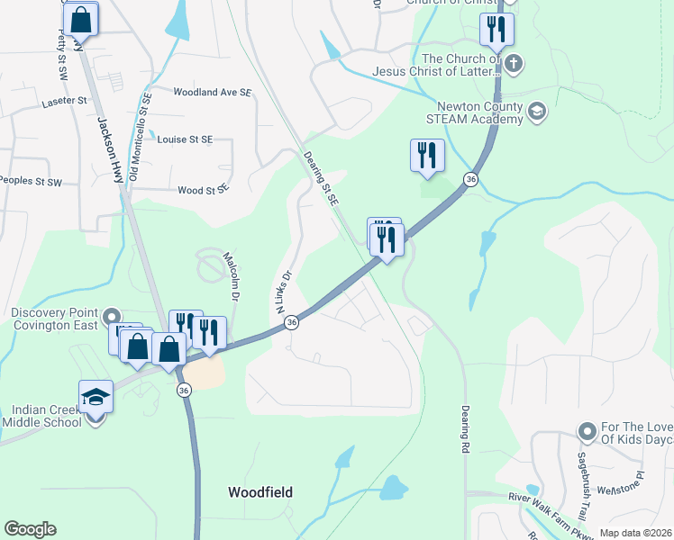 map of restaurants, bars, coffee shops, grocery stores, and more near 10050 Eagle Drive in Covington