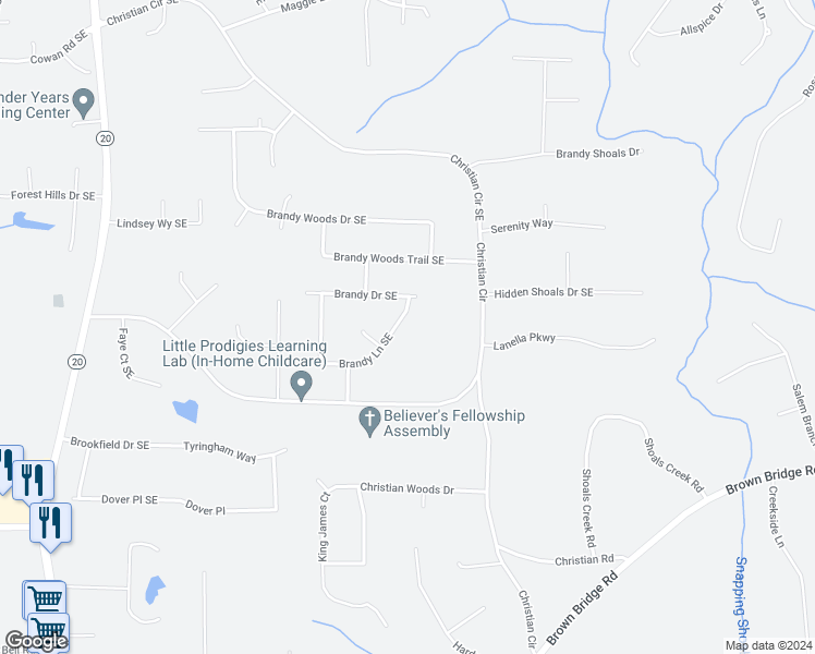 map of restaurants, bars, coffee shops, grocery stores, and more near 1817 Brandy Lane Southeast in Conyers