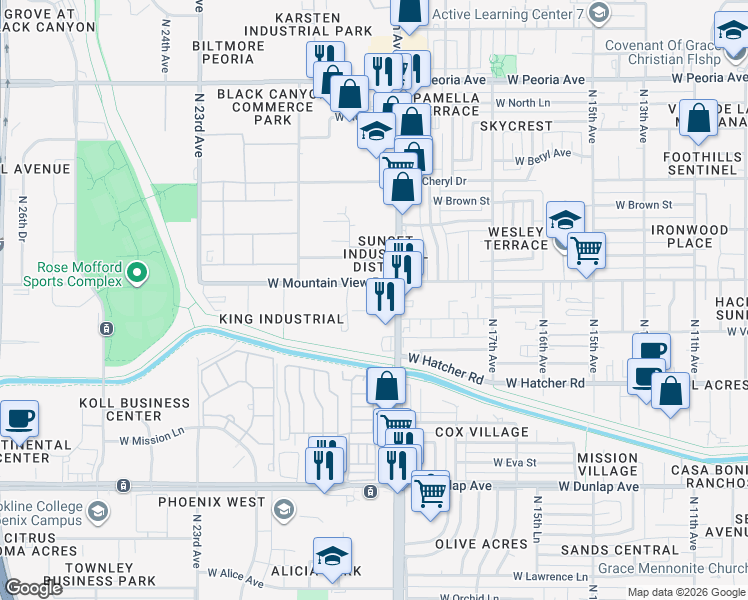 map of restaurants, bars, coffee shops, grocery stores, and more near 1937 West Mountain View Road in Phoenix