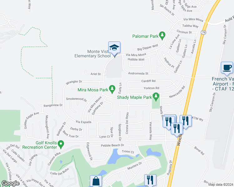 map of restaurants, bars, coffee shops, grocery stores, and more near 37625 Early Lane in Murrieta