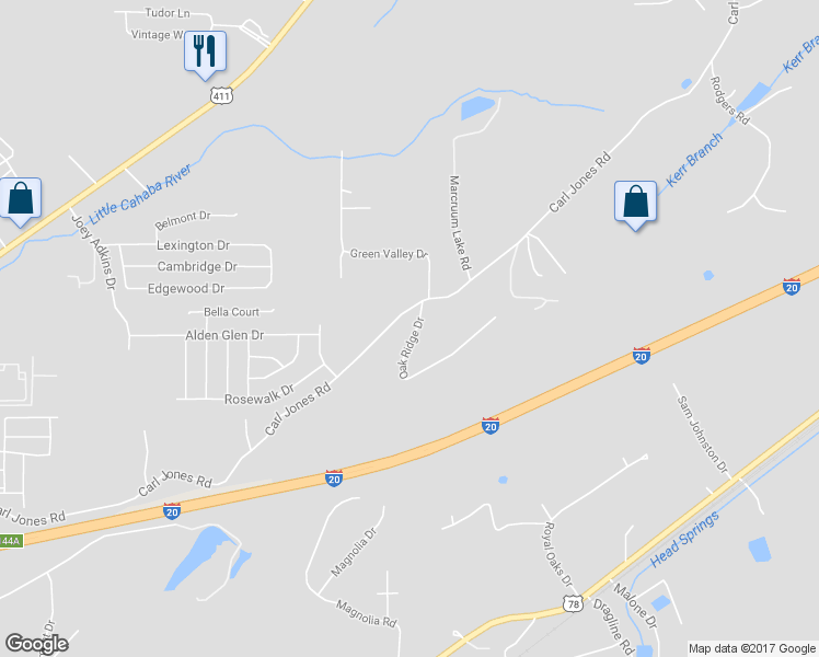 map of restaurants, bars, coffee shops, grocery stores, and more near 2236 Carl Jones Road in Moody