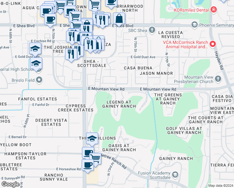 map of restaurants, bars, coffee shops, grocery stores, and more near 7407 East Turquoise Avenue in Scottsdale