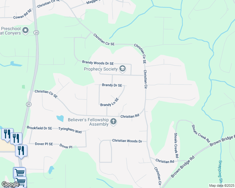 map of restaurants, bars, coffee shops, grocery stores, and more near 1830 Brandy Lane Southeast in Conyers