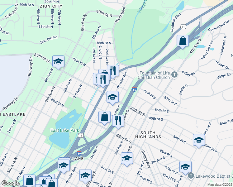 map of restaurants, bars, coffee shops, grocery stores, and more near 8512 Division Avenue in Birmingham
