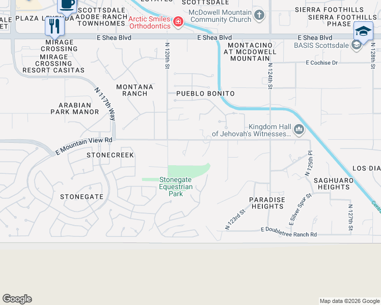 map of restaurants, bars, coffee shops, grocery stores, and more near 9612 North 121st Street in Scottsdale