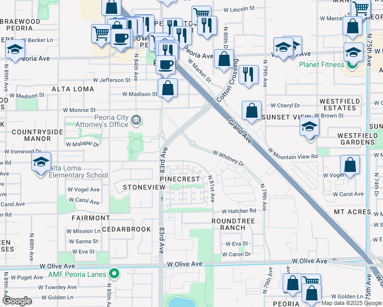 map of restaurants, bars, coffee shops, grocery stores, and more near Whitney Dr in Peoria