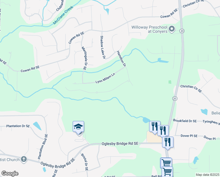 map of restaurants, bars, coffee shops, grocery stores, and more near 830 Treeline Drive in Conyers