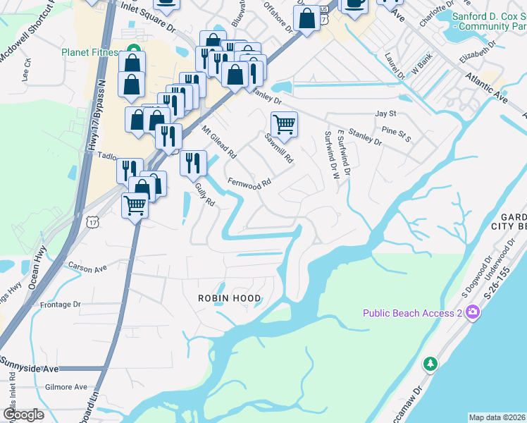 map of restaurants, bars, coffee shops, grocery stores, and more near 599 Old Field Road in Murrells Inlet