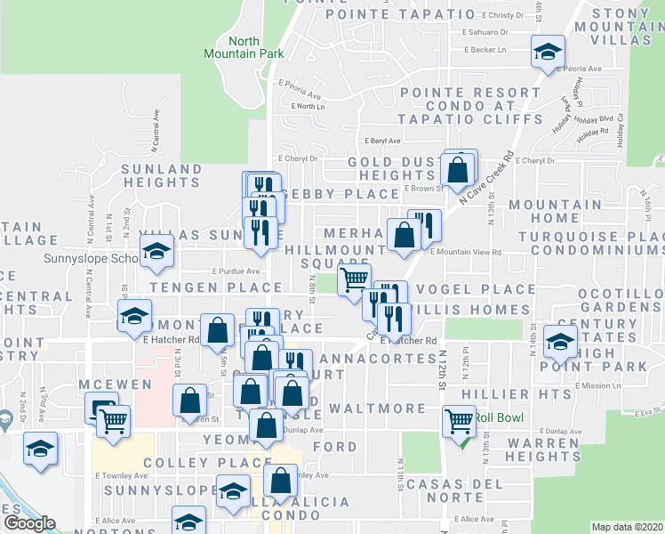 map of restaurants, bars, coffee shops, grocery stores, and more near 820 East Purdue Avenue in Phoenix