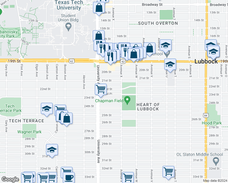 map of restaurants, bars, coffee shops, grocery stores, and more near 2409 22nd Street in Lubbock
