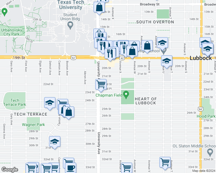 map of restaurants, bars, coffee shops, grocery stores, and more near 2425 22nd Street in Lubbock