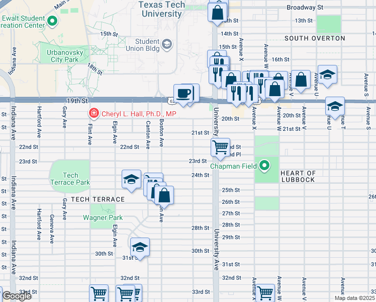 map of restaurants, bars, coffee shops, grocery stores, and more near 2521 22nd Street in Lubbock
