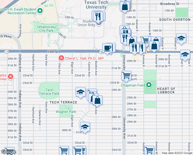map of restaurants, bars, coffee shops, grocery stores, and more near 2701 22nd Street in Lubbock