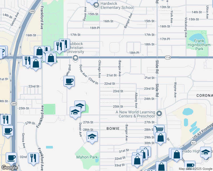 map of restaurants, bars, coffee shops, grocery stores, and more near 5413 22nd Street in Lubbock