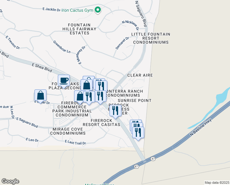 map of restaurants, bars, coffee shops, grocery stores, and more near 9750 North Monterey Drive in Fountain Hills