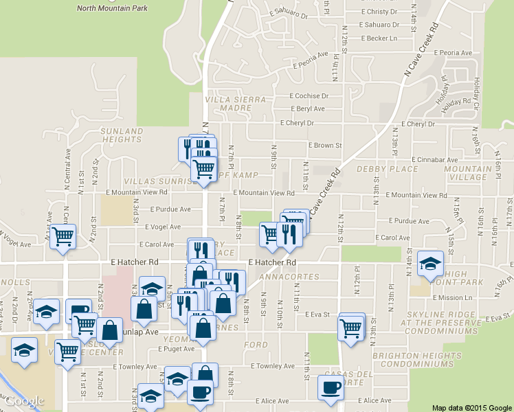 map of restaurants, bars, coffee shops, grocery stores, and more near 820 East Purdue Avenue in Phoenix