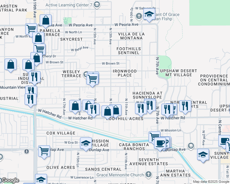 map of restaurants, bars, coffee shops, grocery stores, and more near 9641 North 13th Avenue in Phoenix