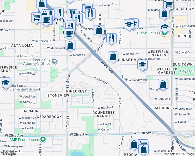 map of restaurants, bars, coffee shops, grocery stores, and more near Whitney Drive in Peoria