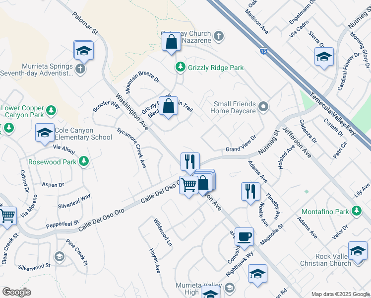 map of restaurants, bars, coffee shops, grocery stores, and more near 23710-23752 Washington Avenue in Murrieta
