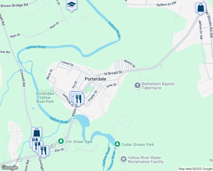 map of restaurants, bars, coffee shops, grocery stores, and more near 13 Poplar-Pine in Porterdale