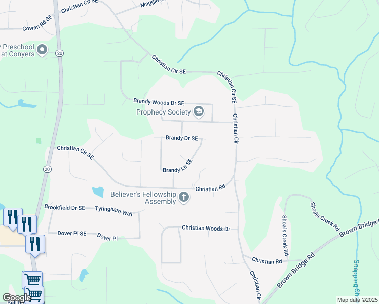 map of restaurants, bars, coffee shops, grocery stores, and more near 1830 Brandy Lane Southeast in Conyers