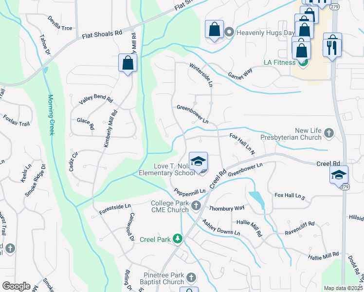 map of restaurants, bars, coffee shops, grocery stores, and more near 6625 Peppermill Lane in College Park