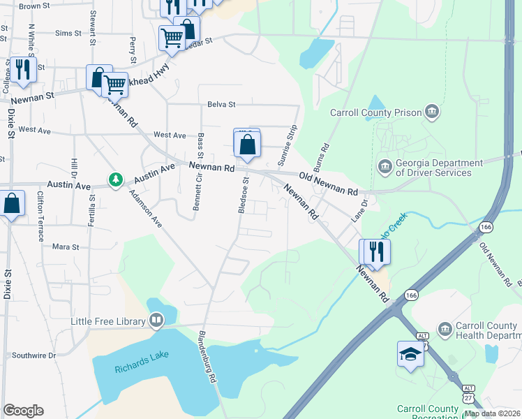 map of restaurants, bars, coffee shops, grocery stores, and more near 200 Bledsoe Street in Carrollton