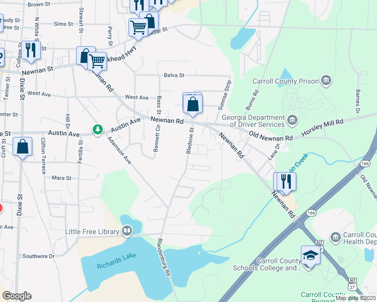 map of restaurants, bars, coffee shops, grocery stores, and more near 200 Bledsoe Street in Carrollton