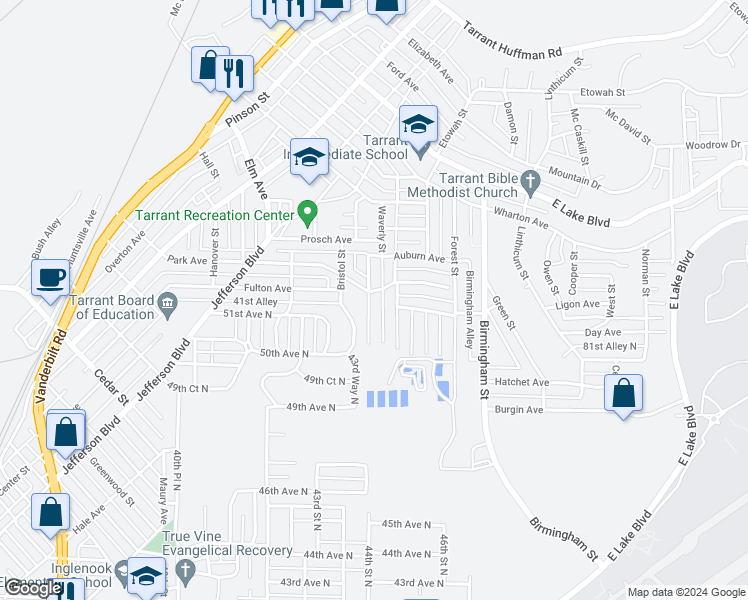 map of restaurants, bars, coffee shops, grocery stores, and more near 1057 Westley Street in Birmingham