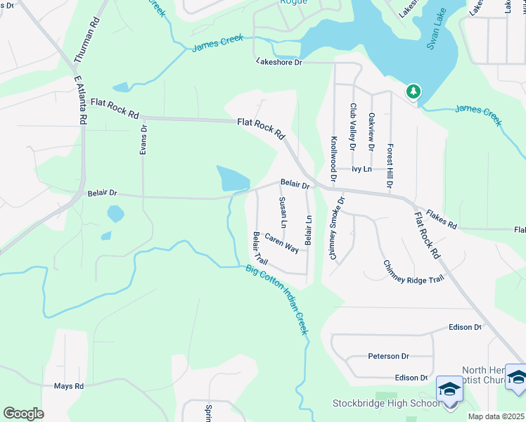 map of restaurants, bars, coffee shops, grocery stores, and more near 116 Belair Trail in Stockbridge