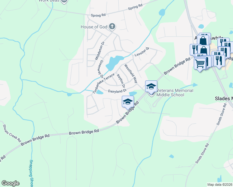map of restaurants, bars, coffee shops, grocery stores, and more near 160 Dairyland Drive in Covington