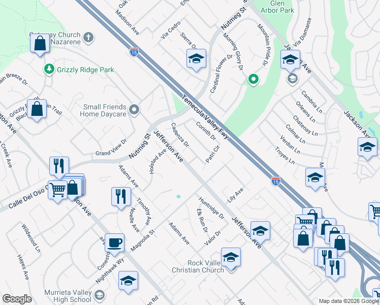 map of restaurants, bars, coffee shops, grocery stores, and more near 23923 Cadenza Drive in Murrieta