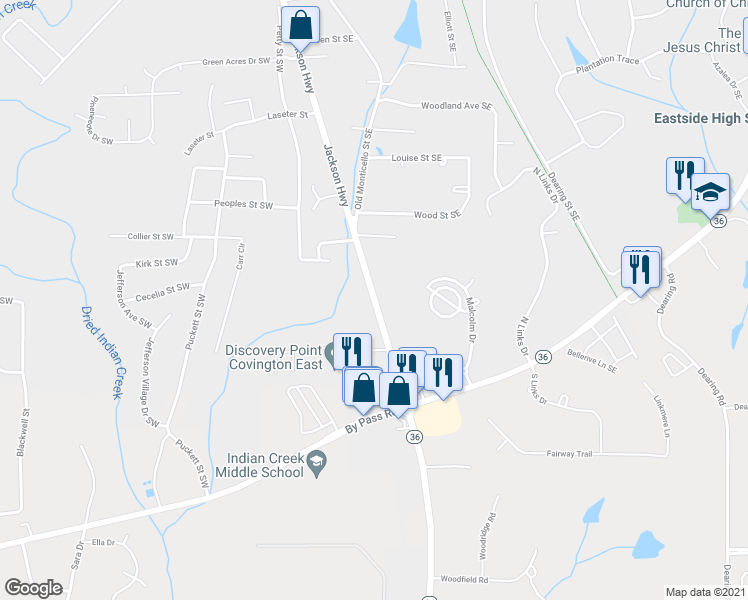 map of restaurants, bars, coffee shops, grocery stores, and more near Monticello Street in Covington