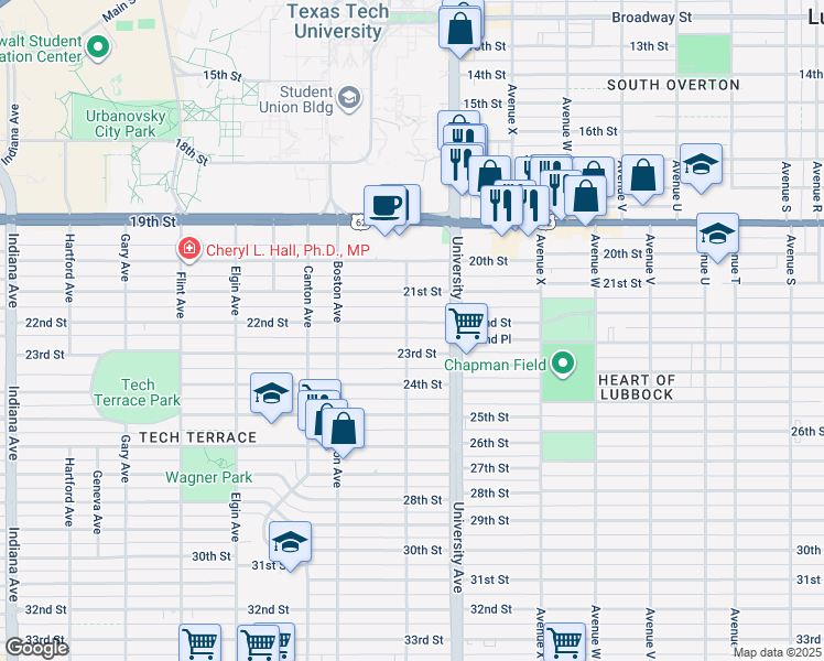 map of restaurants, bars, coffee shops, grocery stores, and more near 2521 22nd Street in Lubbock