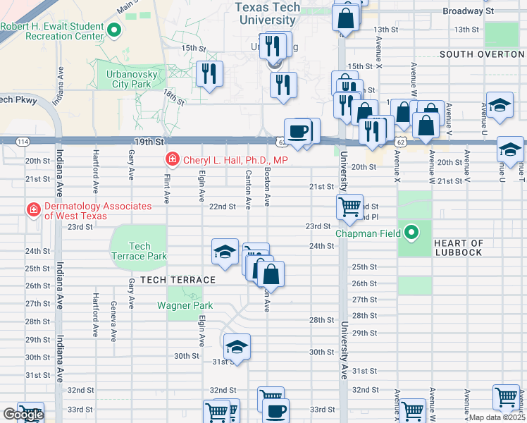 map of restaurants, bars, coffee shops, grocery stores, and more near 2701 22nd Street in Lubbock