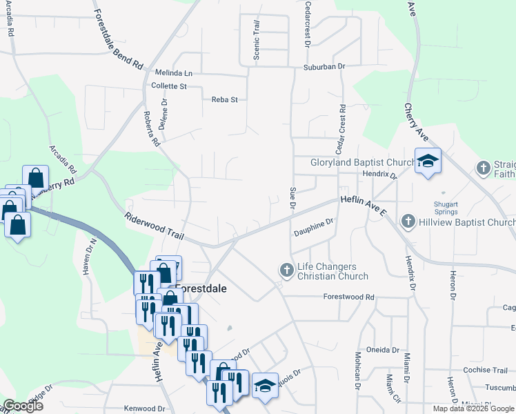 map of restaurants, bars, coffee shops, grocery stores, and more near 547 Dunkirk Drive in Birmingham