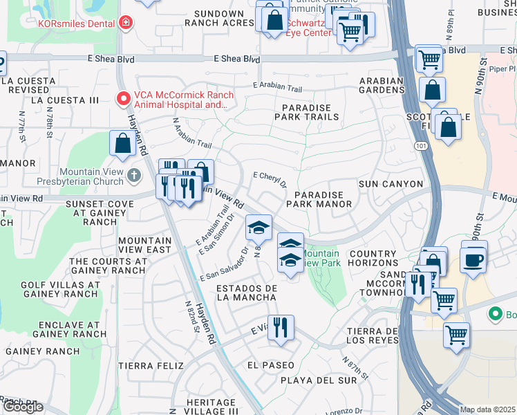 map of restaurants, bars, coffee shops, grocery stores, and more near 8367 East Thoroughbred Trail in Scottsdale