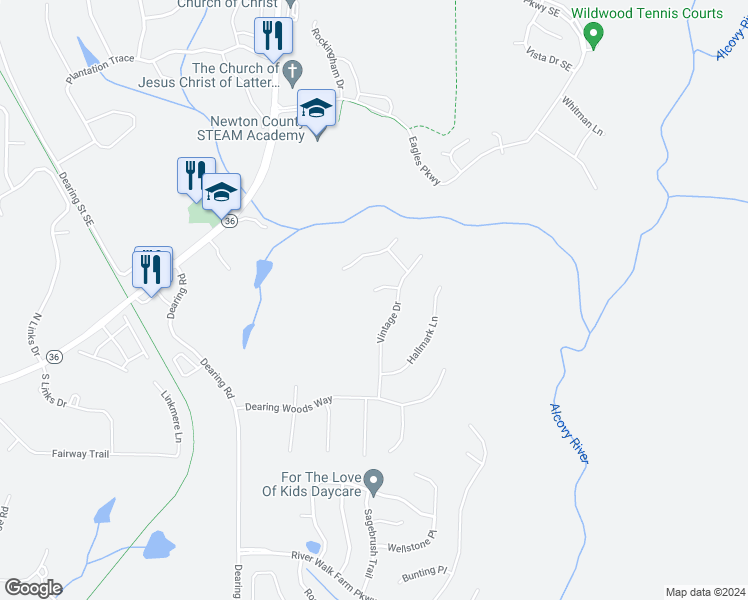 map of restaurants, bars, coffee shops, grocery stores, and more near 35 Dearing Cove in Covington