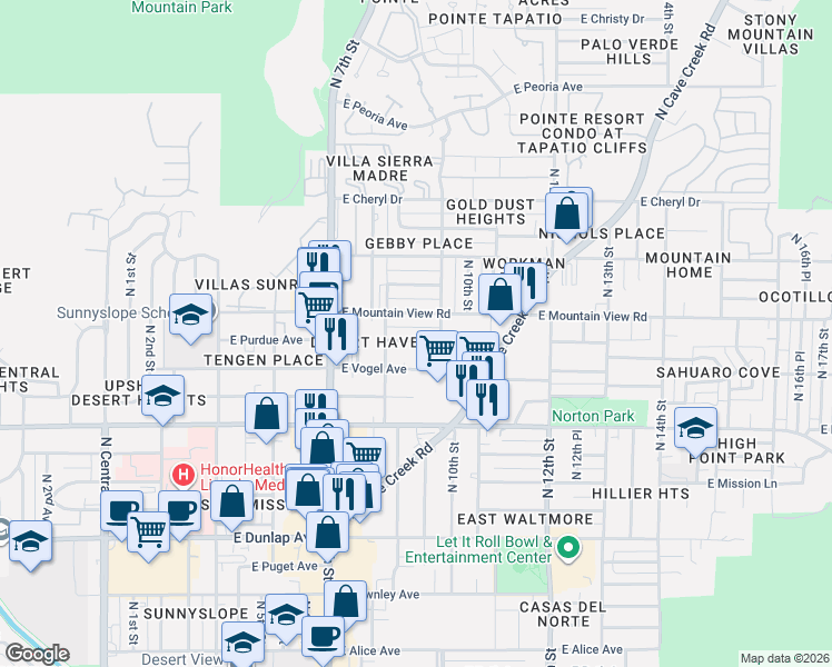 map of restaurants, bars, coffee shops, grocery stores, and more near 820 East Purdue Avenue in Phoenix