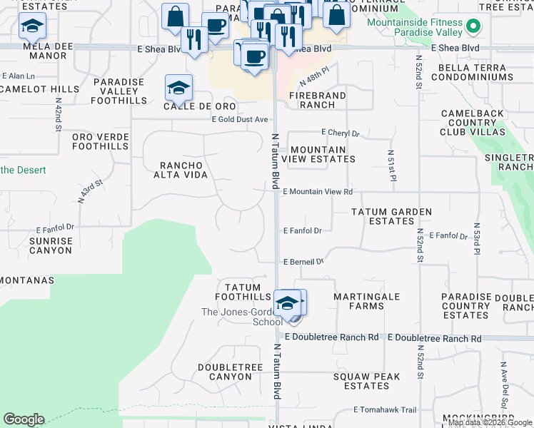 map of restaurants, bars, coffee shops, grocery stores, and more near 9515 North 47th Street in Phoenix