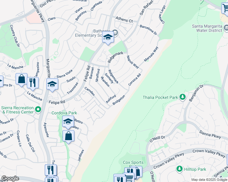 map of restaurants, bars, coffee shops, grocery stores, and more near 26746 Brandon in Mission Viejo